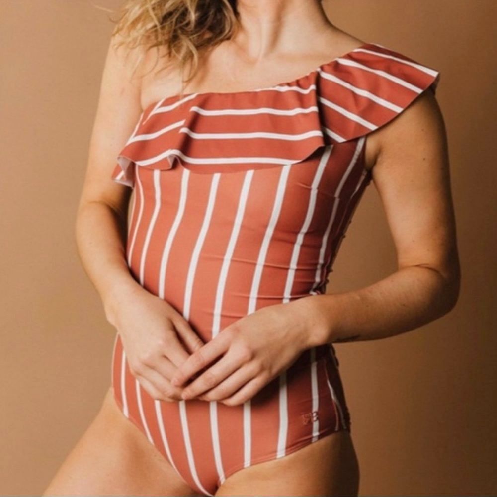 Albion Icon Wave Swimsuit One Shoulder Sydney Stripe Rust One Piece Size Large